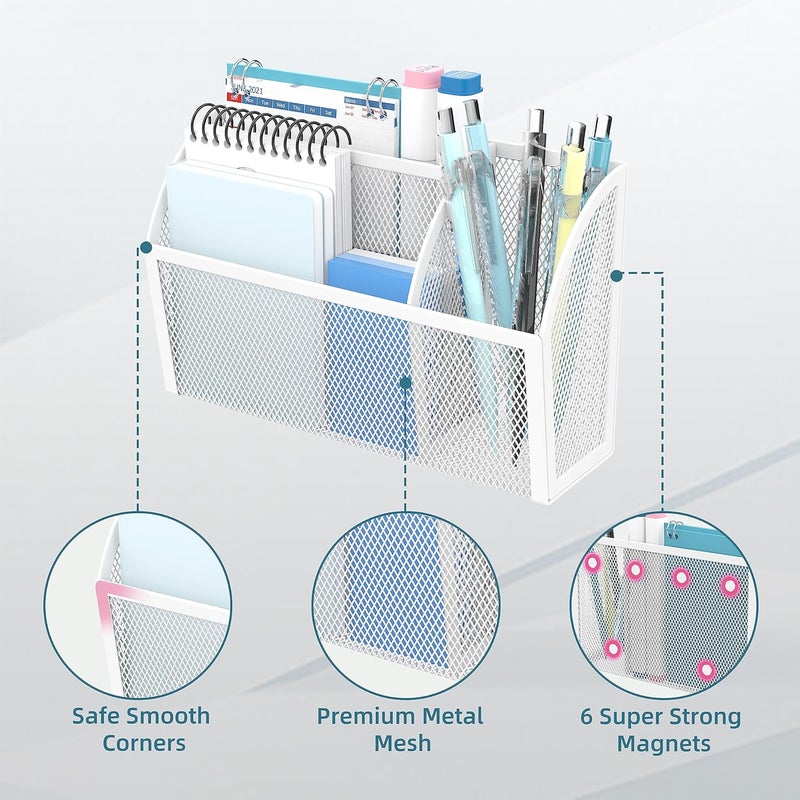 DALTACK Magnetic Pencil Holder Magnetic Shelf for the Whiteboard 3-Grid Mesh Magnetic Pen Holder for Refrigerator Magnetic Organizer Locker Accessories Organizer for Home, School and Office, White - Image 3